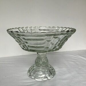 Vintage Glass Bowl pedestal base retro Clear Basket Weave Pedestal candy fruit